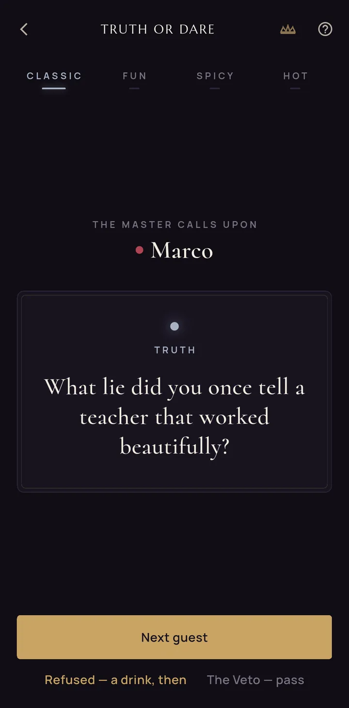 A dealt Truth card with the tier's wax-seal dot above the prompt