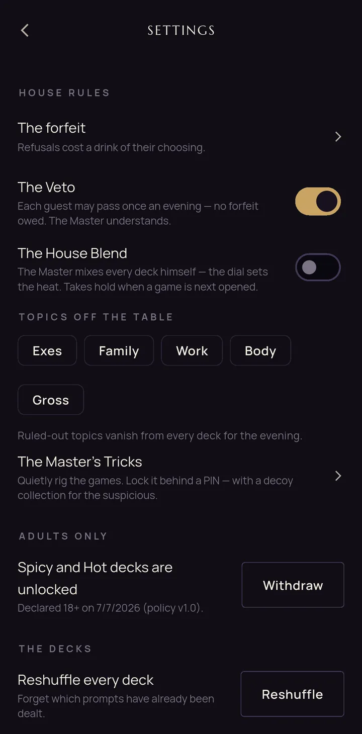 House Rules screen showing the forfeit, the Veto, the House Blend and topic filters