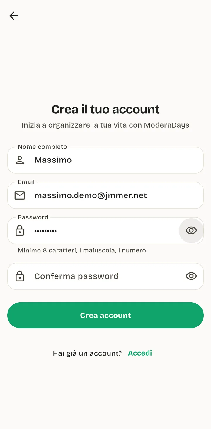 ModernDays account creation screen with name, email and password fields and an emerald pill button