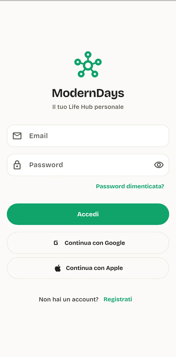 ModernDays sign-in screen: the logo, the wordmark and an emerald sign-in button on a cream background